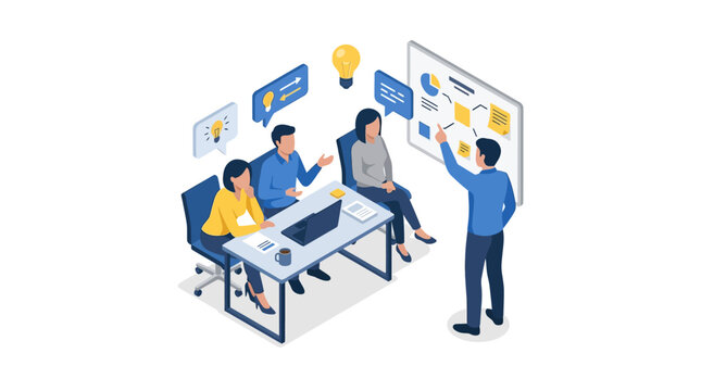 Isometric Illustration of Business Team Brainstorming Strategy in Office Meeting