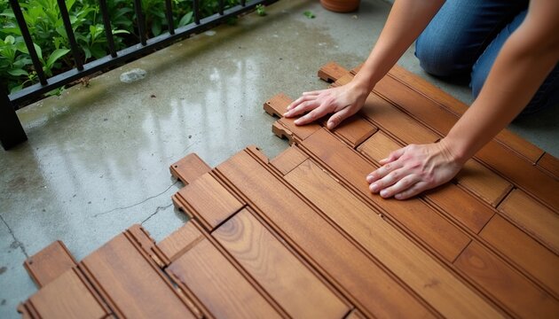 Person installs interlocking wood deck tiles on concrete balcony floor. Outdoor patio renovation project with modular wood flooring for home improvement and decor upgrades.