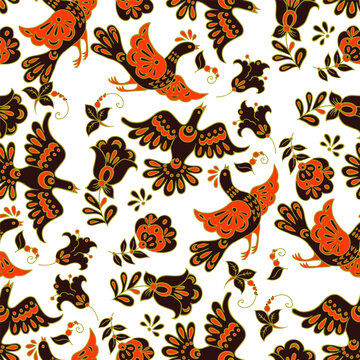 Beautiful folk style animals seamless pattern. Vintage Seamless texture in ethnic style, flowers and plants. Vector illustration