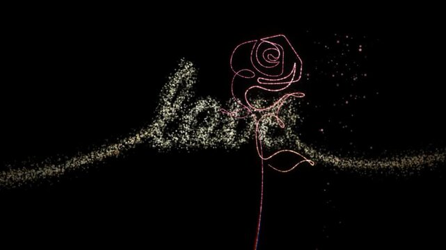 Love script word made of sparkling gold dust sits beside a rose.