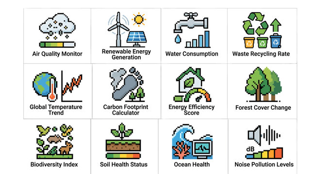 Comprehensive Environmental Monitoring and Sustainability Data Analysis Vector Icon Set for Corporate ESG Reporting