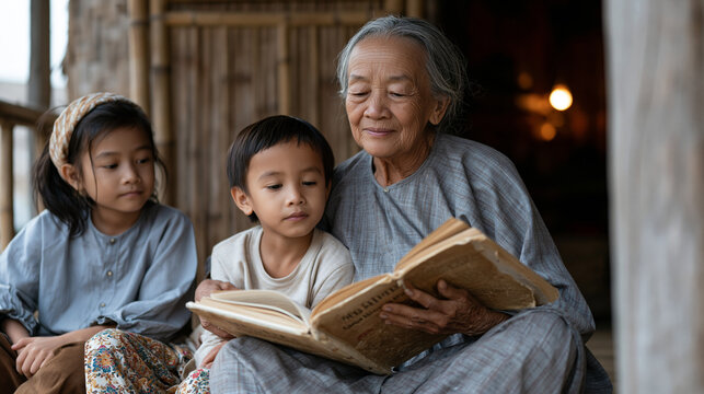 Vietnamese grandmother reads aloud from worn novel to attentive grandchildren on bamboo porch at dusk, candid unposed family moment, cognitive aging benefit, reading habit,