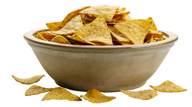 Heap of golden corn tortilla chips in a rustic ceramic bowl, isolated on transparent background