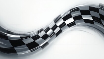 Obraz premium Wavy checkered flag pattern with motion blur effect. Black and white squares create dynamic race finish line graphic. Modern abstract background for auto sport design.
