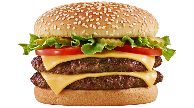 Juicy double cheeseburger with lettuce and tomato, isolated on transparent background