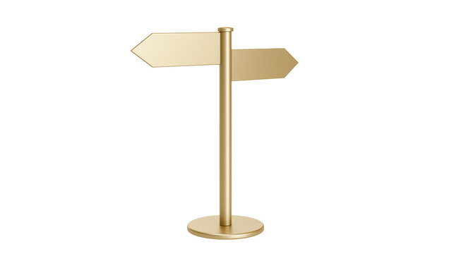 Golden directional signpost with two arrow pointers, isolated on transparent background