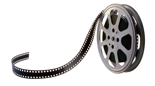 Silver metal film reel with black celluloid strip unwinding, isolated on transparent background