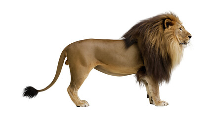 Majestic male lion with full mane standing profile, isolated on transparent background © Timo