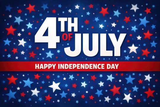 Patriotic 4th of July text banner, USA Independence Day greeting, red white blue stars background