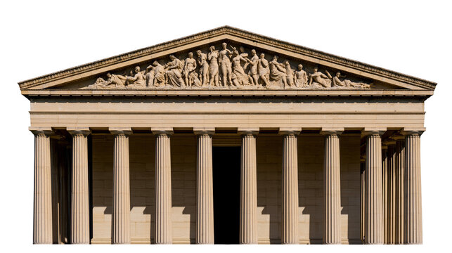 Classical Greek building facade with Doric columns and pediment sculpture, isolated on transparent background