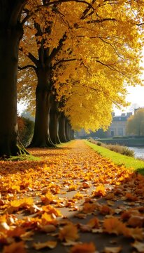 Autumn tree alley borders river walk covered with fallen yellow orange leaves. Sunlight shines through golden foliage on path near park buildings and grassy bank.