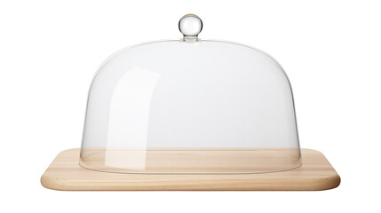 Clear glass dome cloche with knob on a light wood serving board, isolated on transparent background © Martina