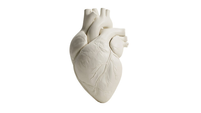 Sculptural white anatomical heart model, isolated on transparent background