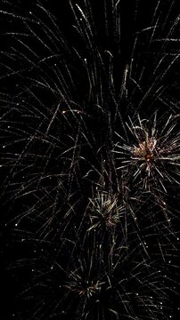 4K. loop seamless of real fireworks background golden shining fireworks with bokeh lights in the night sky. glowing fireworks show. New year's eve fireworks celebration multiple colors