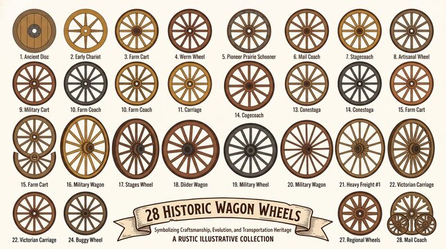 Historic wagon wheels in varied designs, symbolizing craftsmanship, evolution, and transportation heritage in rustic illustrative style.