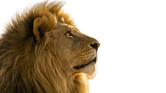 Majestic male lion with full mane looking to the side, isolated on transparent background