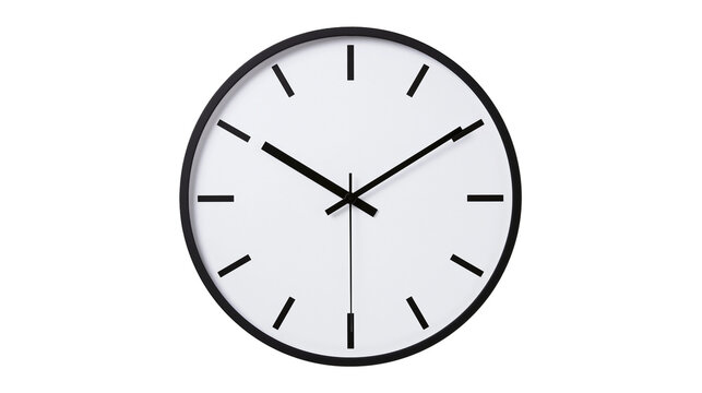 Minimalist black wall clock with white face and black hands, isolated on transparent background