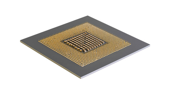 Square computer processor with gold pins, isolated on transparent background