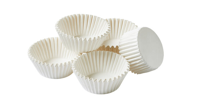 Group of white fluted paper cupcake liners, isolated on transparent background