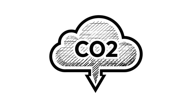 Hand drawn CO2 cloud symbol with downward arrow, isolated on transparent background
