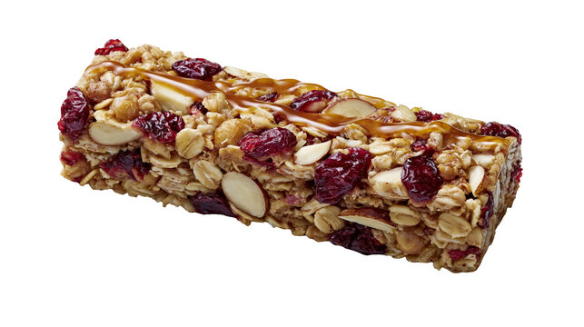 Hearty granola bar with oats almonds cranberries and caramel drizzle, isolated on transparent background