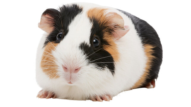 Tricolor guinea pig with black white and orange fur, isolated on transparent background