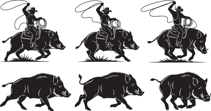Silhouette cowboy on horseback lassoing wild boar in action during rural rodeo competition