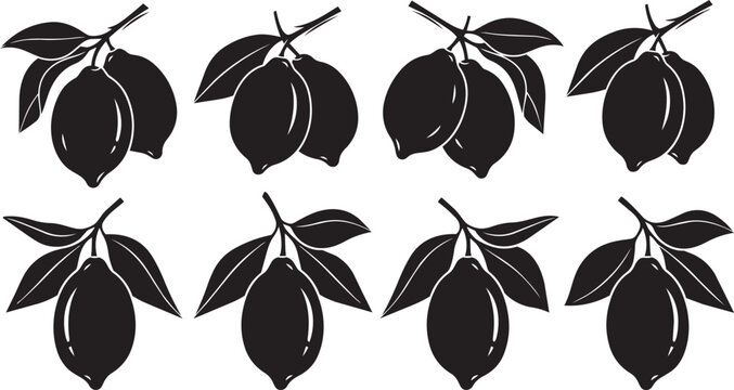 Silhouette lemons with leaves on branches arranged in a grid against a white background