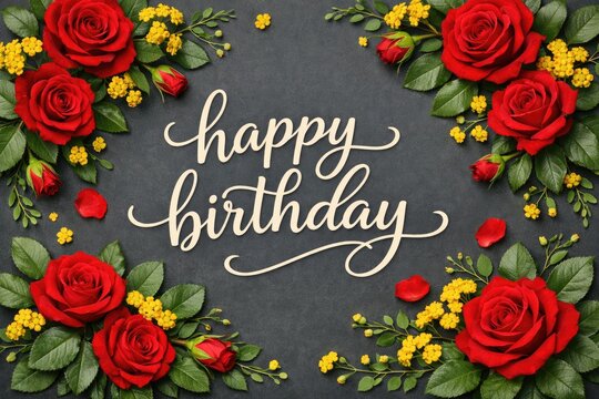Floral happy birthday lettering on dark slate background, red roses frame, festive greeting card