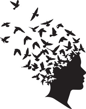Silhouette of a woman's head with birds flying out during daytime conceptualizing freedom