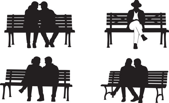 Silhouetted couples and individuals resting on park benches during daytime