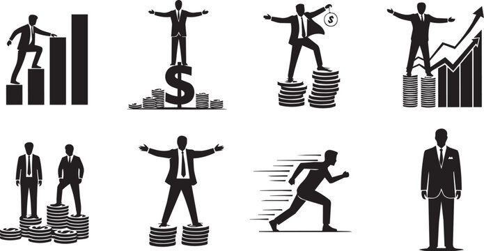 Silhouetted businessmen climb success charts and coin stacks with open arms and running motion