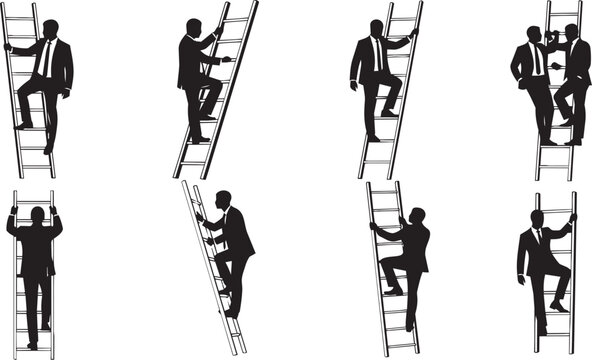 Silhouettes of businessmen climbing ladders against a white background symbolizing career advancement and success