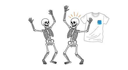 Obraz premium Two funny human skeletons dancing joyfully next to a plain white t-shirt that features a small blue and green abstract graphic design.