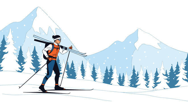 Active man carrying his skis on his shoulder while walking through a beautiful snowy forest landscape with tall pine trees and mountains.