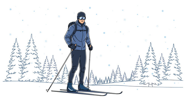 Cross-country skier in a blue winter outfit using poles to glide through a quiet snowy forest filled with pine trees during winter time.