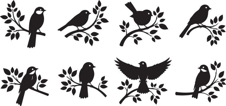 Silhouettes of small birds perched on delicate branches with leaves in a clean graphic style
