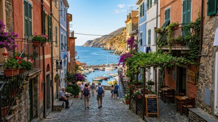 Obraz premium Colorful Mediterranean seaside village street, summer vacation travel and scenic nature scenery, high quality tourism and creative