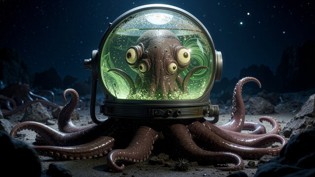 Surreal octopus with large yellow eyes in glowing green helmet on dark rocky alien terrain under starry night sky with moon