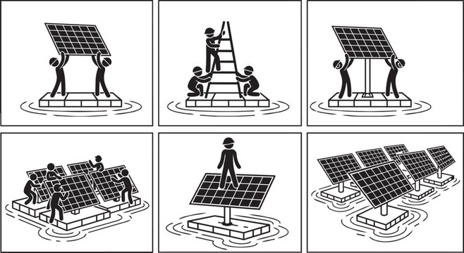 Stick figures installing solar panels on floating platforms during daytime concept
