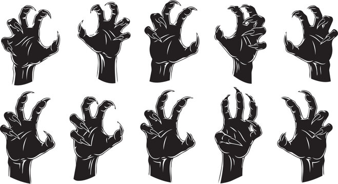 Ten clawed hands reaching out in silhouette against a white background