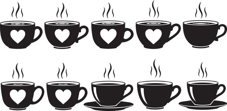 Ten steaming coffee cups with heart designs in a row during a warm morning