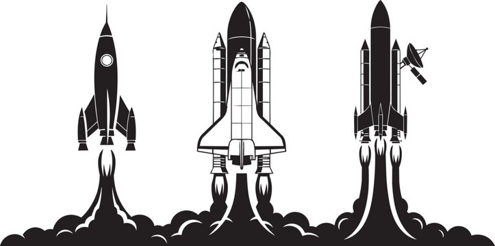 Three distinct rocket silhouettes launching with smoke trails against a white background