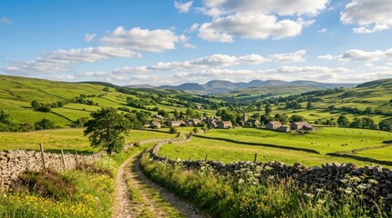 Obraz premium Sunny countryside landscape with green hills, rural nature scenery and peaceful outdoor environment, high quality travel and
