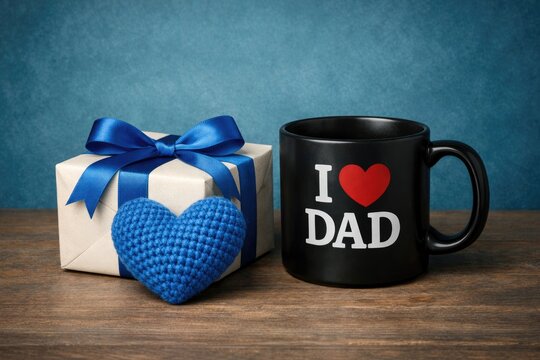 Father's Day gift still life, I love Dad mug and blue ribbon present on rustic wooden table