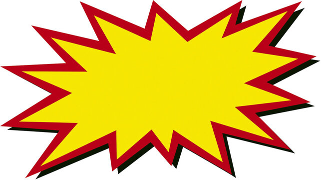Yellow starburst shape with red border, isolated on transparent background