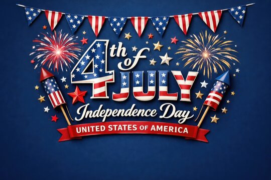 Patriotic 4th of July fireworks poster, Independence Day USA banner, red white blue celebration