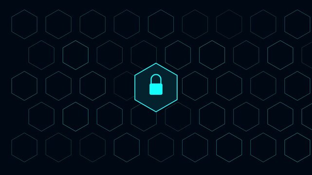 Digital security concept with glowing padlock and hexagon grid network animation 4k background cyber