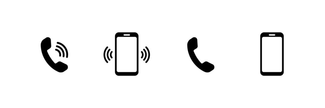 Set of four black phone icons on a white background showing incoming call, ringing phone, outgoing call, and phone receiver