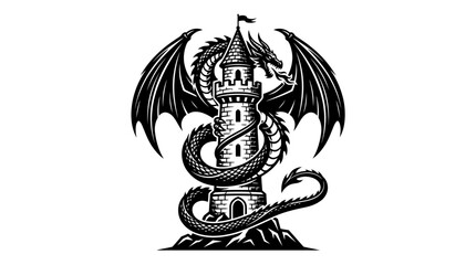 Black And White Dragon With Castle Silhouette On Transparent Background © Sekh